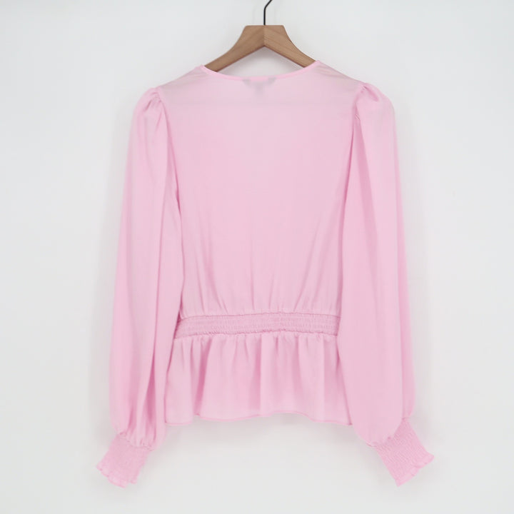 Express Pink Surplice Peplum Blouse Long Sleeve Smocked Cuff Top Size M