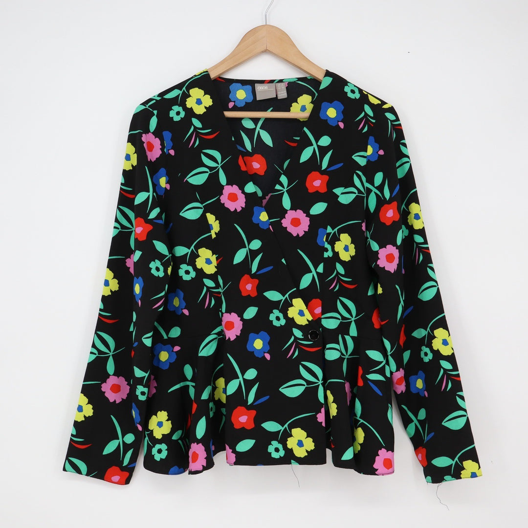 ASOS Blouse Women's 12 Wrap Peplum Black Floral Long Sleeve Excellent