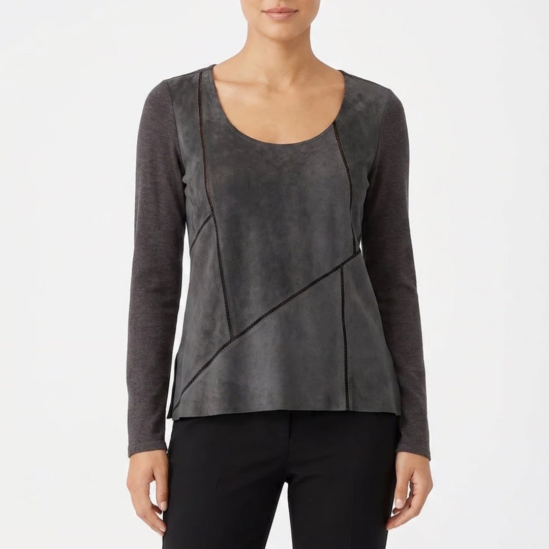 Ecru Womens Mixed Media Faux Suede Long Sleeve Top Charcoal Grey Size M