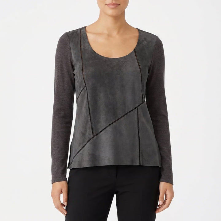 Ecru Womens Mixed Media Faux Suede Long Sleeve Top Charcoal Grey Size M