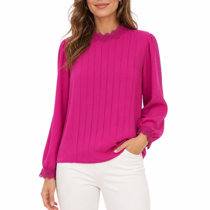Shein Curve Magenta Pink Pintuck Pleated Lace Trim Blouse 4XL