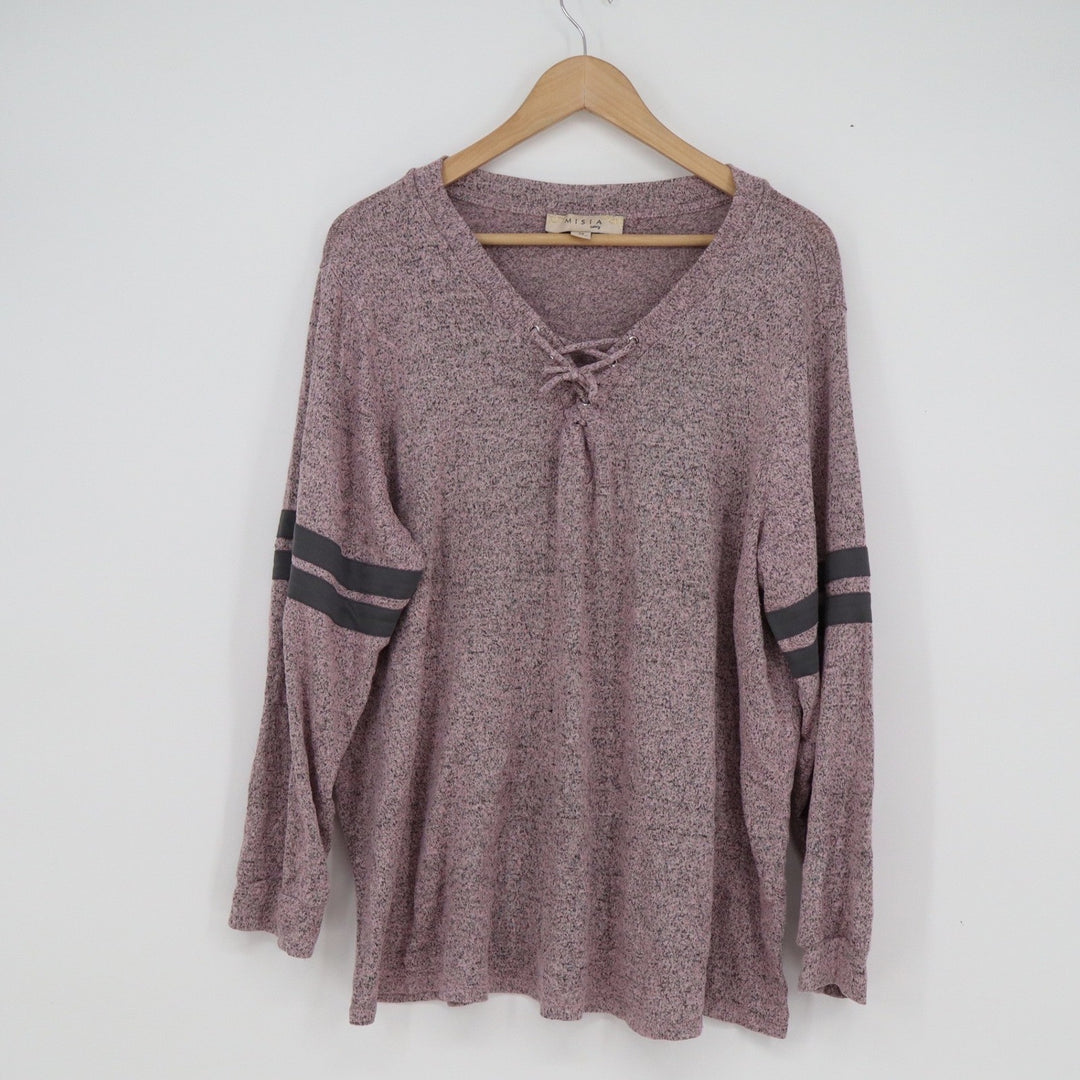 MISIA Curvy Womens 3X Marled Pink Lace Up V-Neck Varsity Stripe Top