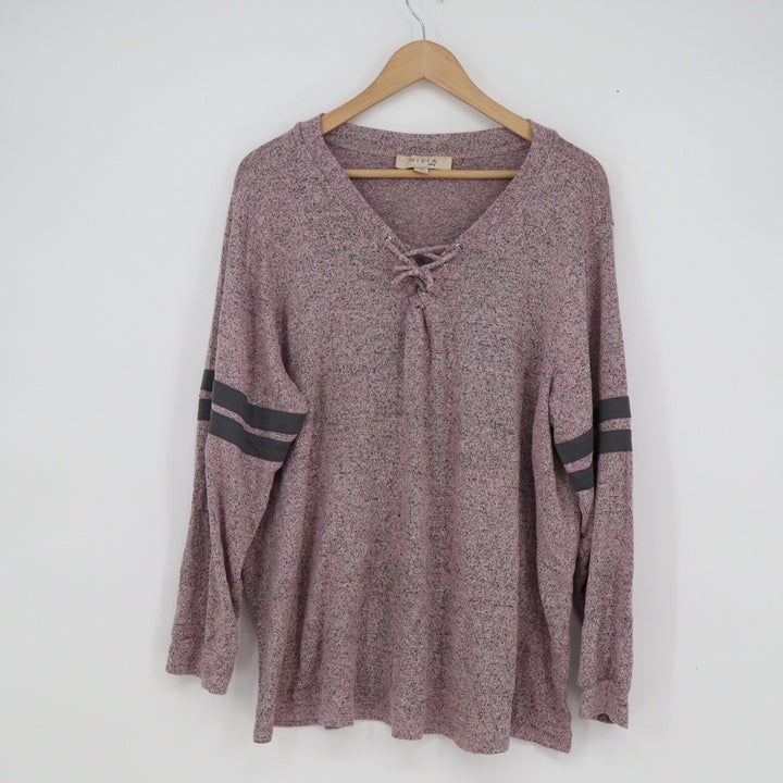 MISIA Curvy Womens 3X Marled Pink Lace Up V-Neck Varsity Stripe Top