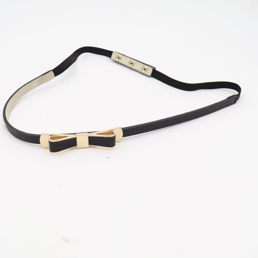 Black Skinny Elastic Waist Belt Gold Bow Buckle Snakeskin Texture Snap Closure