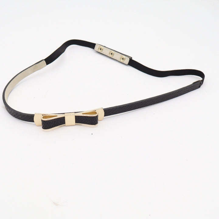 Black Skinny Elastic Waist Belt Gold Bow Buckle Snakeskin Texture Snap Closure
