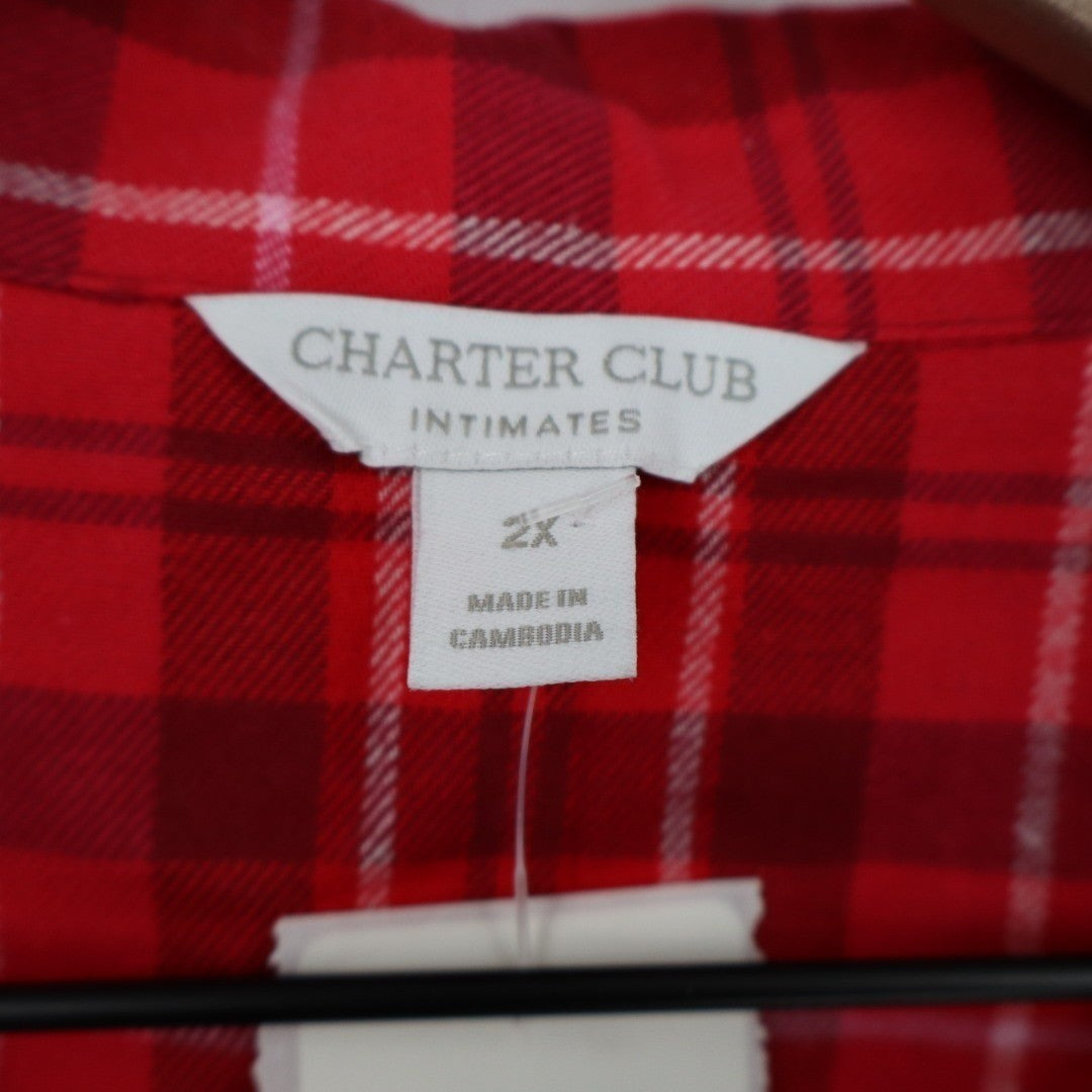 Charter Club Flannel 2-PC Pajamas Set Womens 2X Red Plaid Cotton Lapel Collar