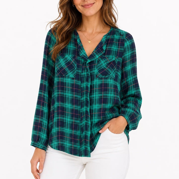 Skies Are Blue Top Women's S Green Plaid Long Sleeve V-Neck Blouse Excellent