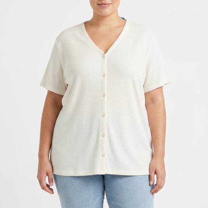 Venezia Jeans Cream Ribbed Button Front Short Sleeve Top Plus Size 26/28 V-Neck