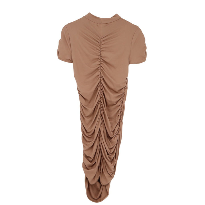 Fashion Nova Womens Tan Ruched Mock Neck Cutout Back Bodycon Midi Dress L