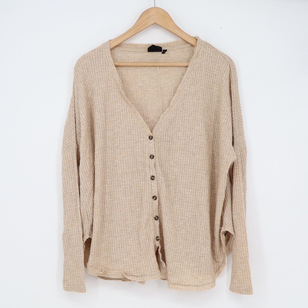 Out From Under Urban Outfitters Waffle Knit Cardigan Beige XS Oversized Thermal