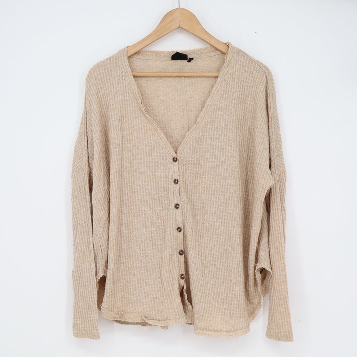 Out From Under Urban Outfitters Waffle Knit Cardigan Beige XS Oversized Thermal
