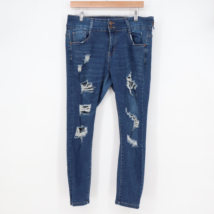 Blue Savvy Distressed Skinny Jeans Womens 14 Medium Wash Ripped Frayed Denim