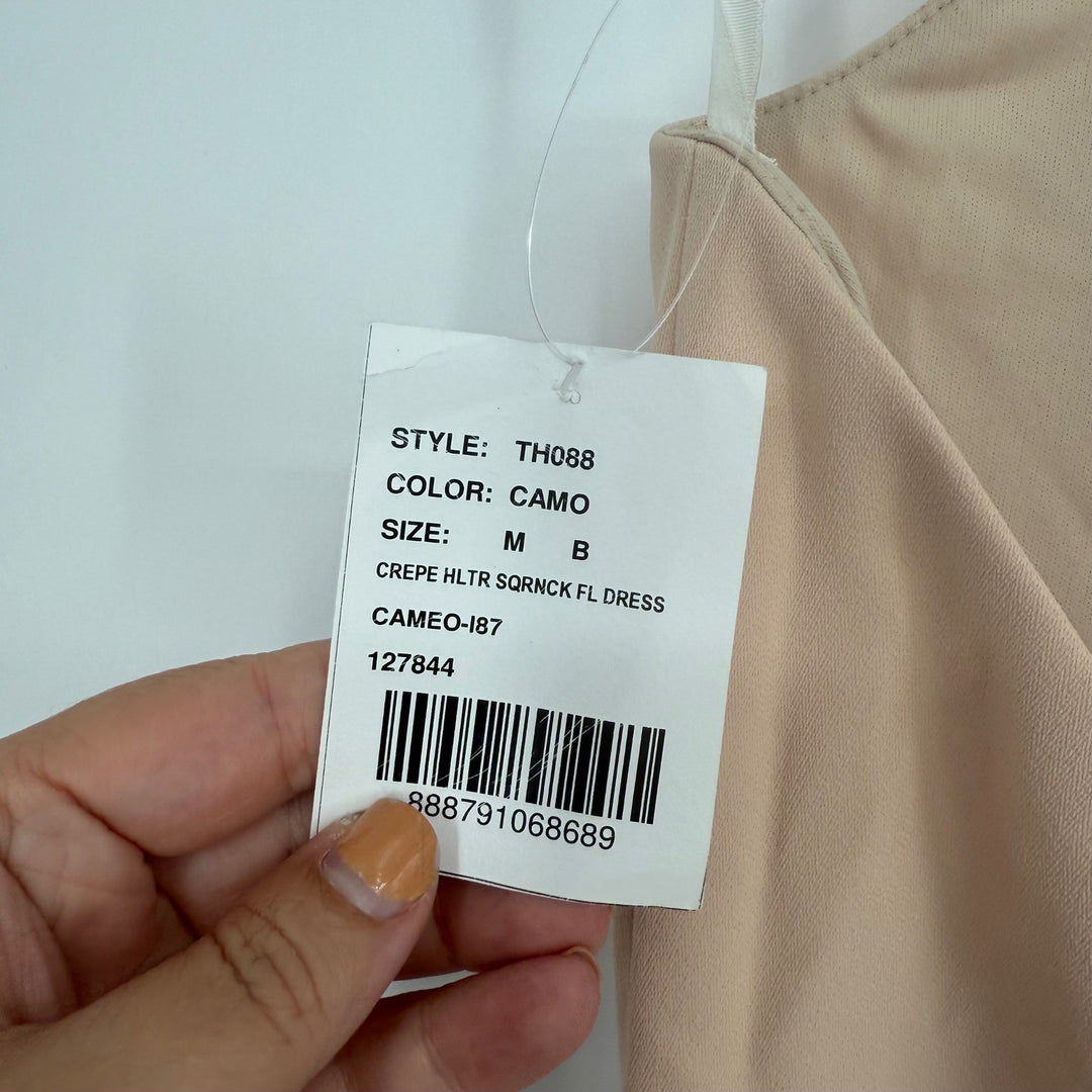 Thread Tie Halter Open Back Trumpet Gown In Cameo Size M