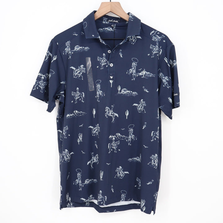 Bad Birdie Mens Yeehaw Core Polo Shirt Navy Blue Cowboy Print S