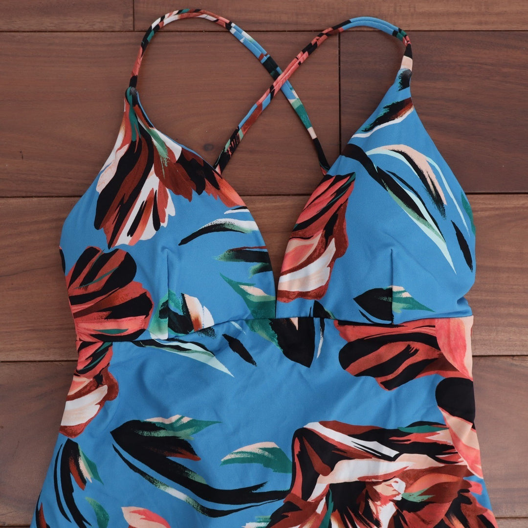 Calia Triangle Strappy Back One Piece Swimsuit Blue Floral Size 8