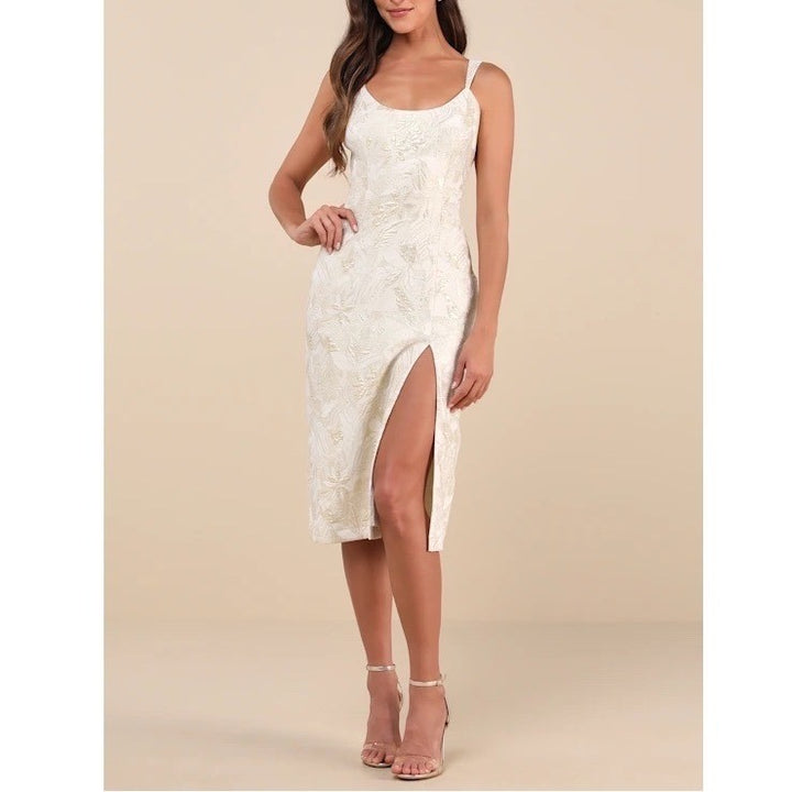 Lulus Immaculate Chicness Midi Dress Womens M Ivory Floral Brocade Front Slit