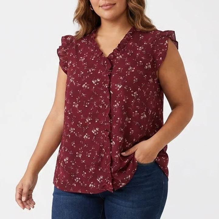 SHEIN Curve 4XL Burgundy Ditsy Floral Ruffle Neck Cap Sleeve Button Front Blouse