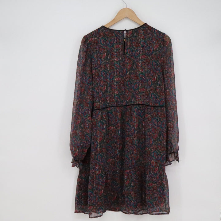 LOFT Womens Paisley Metallic Long Sleeve Empire Waist Mini Dress Multicolor M