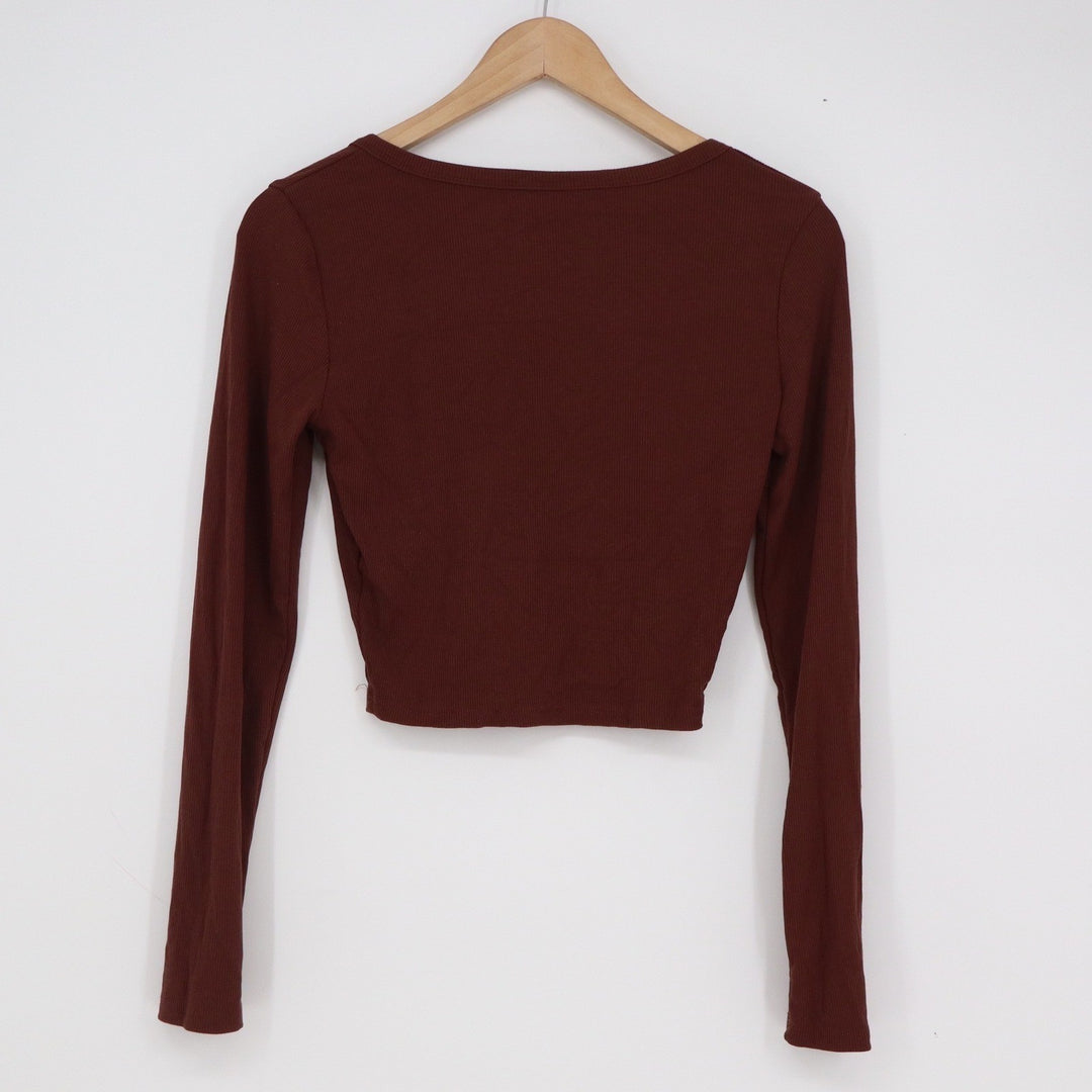 Burgundy Brown Ribbed Long Sleeve Notch Neck Crop Top Size M Slim Fit