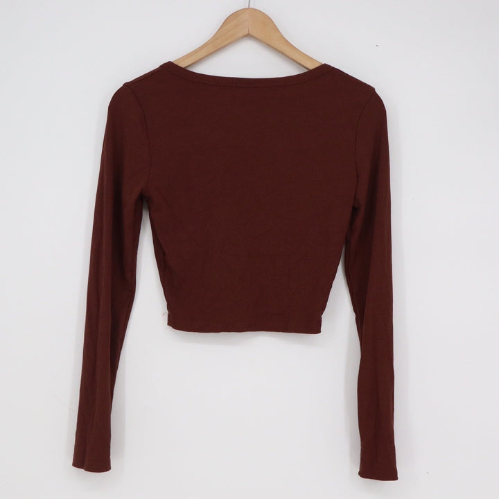 Burgundy Brown Ribbed Long Sleeve Notch Neck Crop Top Size M Slim Fit