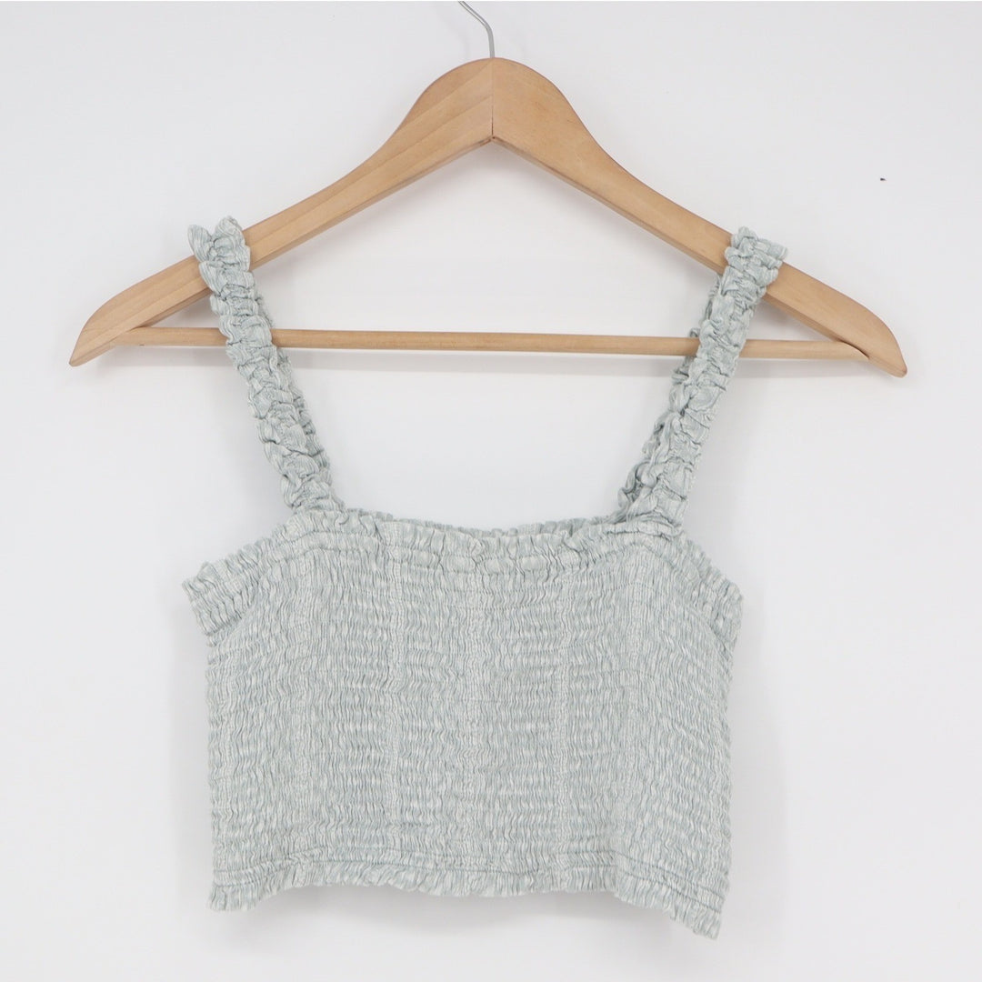 Paper Crane Womens Sage Green Smocked Ruffle Strap Crop Top Small