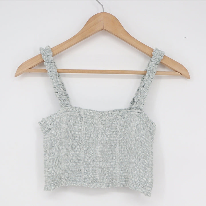 Paper Crane Womens Sage Green Smocked Ruffle Strap Crop Top Small