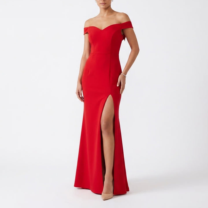 Xscape Davids Bridal Red Off Shoulder V-Bar Front Slit Evening Gown 2318X Size 2
