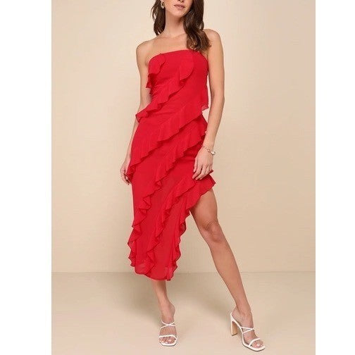 Lulus Faelyn Midi Dress Womens Medium Red Ruffled Strapless Off the Shoulder