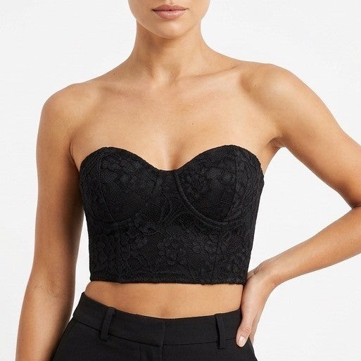 Naked Wardrobe Womens Black Floral Lace Corset Strapless Crop Top NWSP20-T7 M