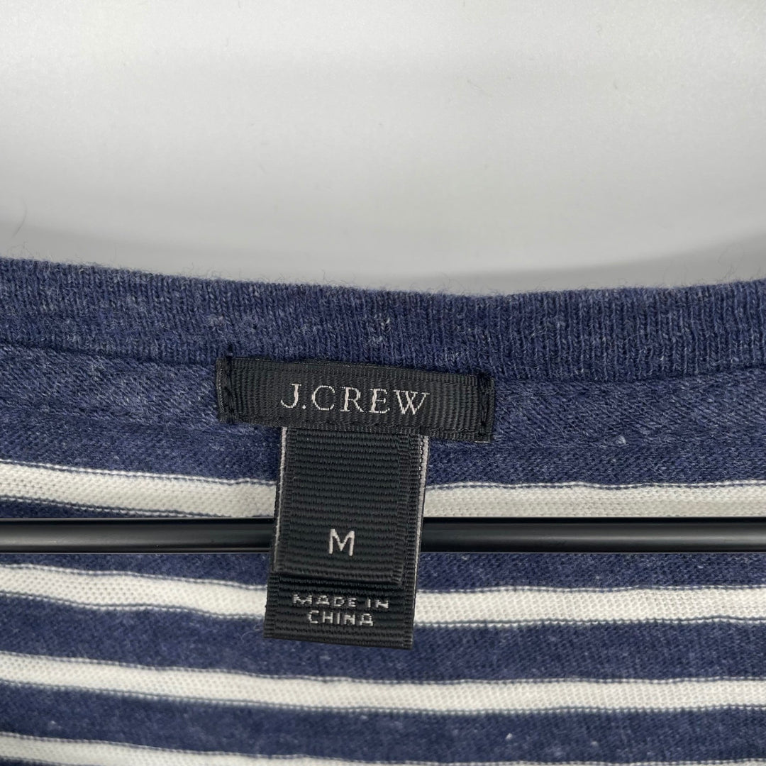 J Crew Striped 3/4 Sleeve Top Embellished Neck Navy White Size Medium