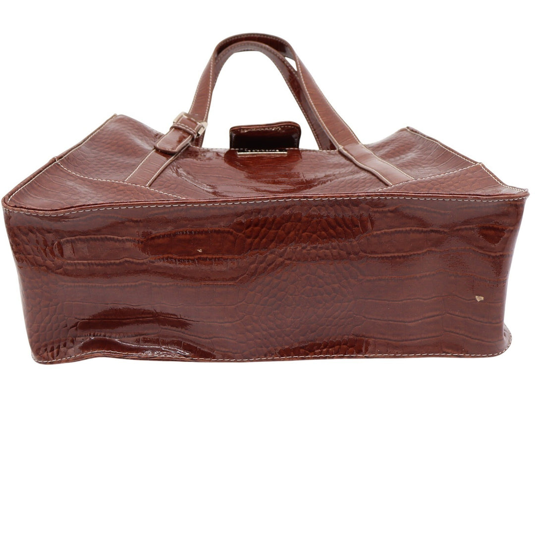 Liz Claiborne Tote Bag Women's Large Croc Embossed Brown Patent Faux Leather