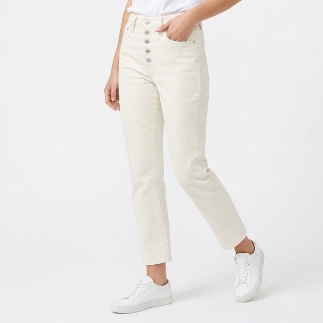 J. Crew Straight Leg Jeans Womens 27 White Denim Cotton Stretch Button Exposed
