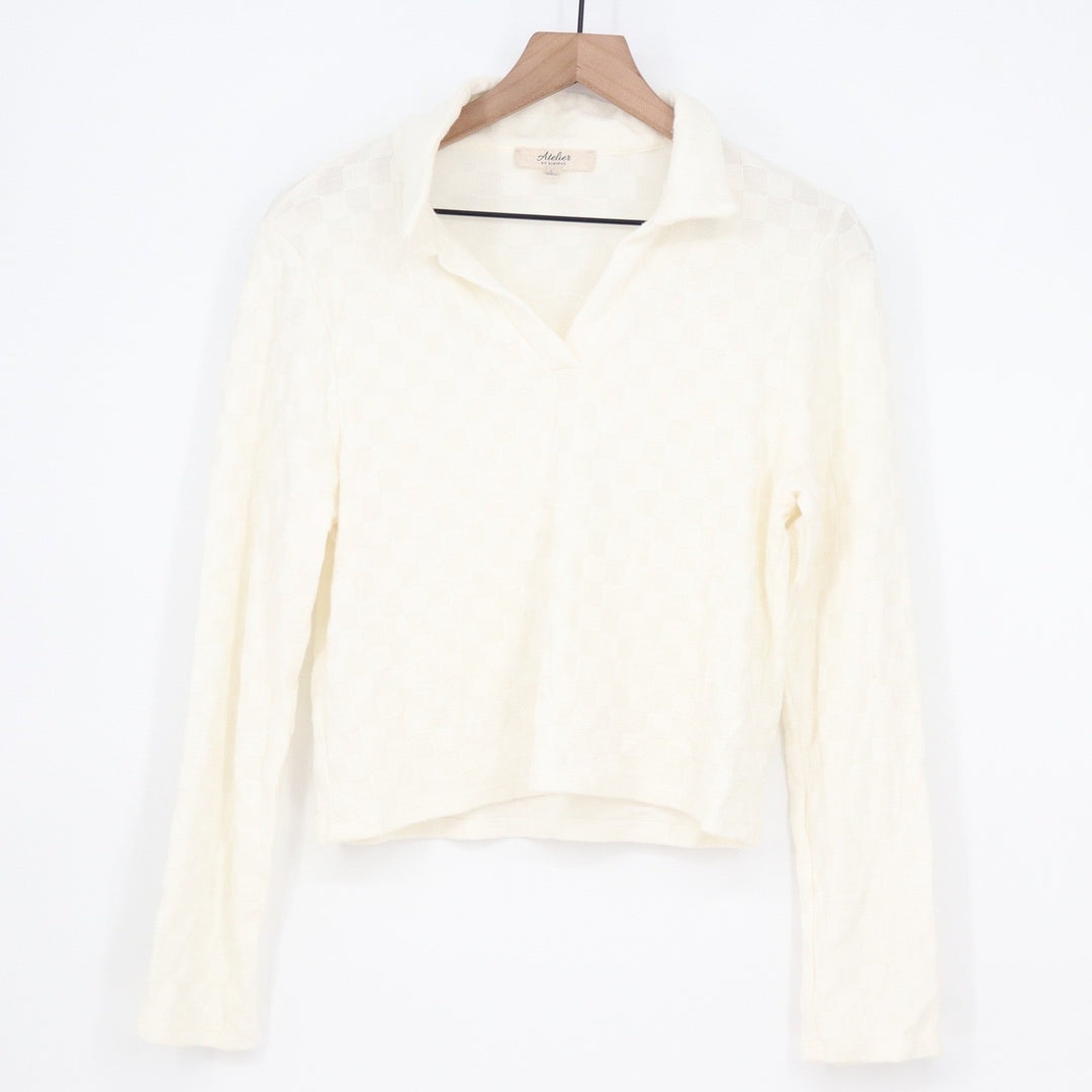 Atelier by Kirious Cream Checkered Knit Long Sleeve Polo Top V-Neck Large
