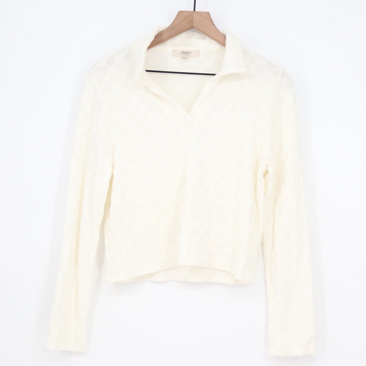 Atelier by Kirious Cream Checkered Knit Long Sleeve Polo Top V-Neck Large