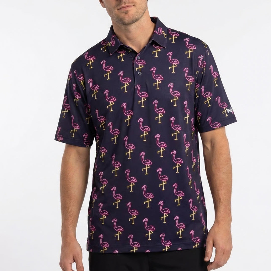 Golf Gods Polo Shirt Mens 3XL Blue Stretch Flamingo Print Short Sleeve Pullover