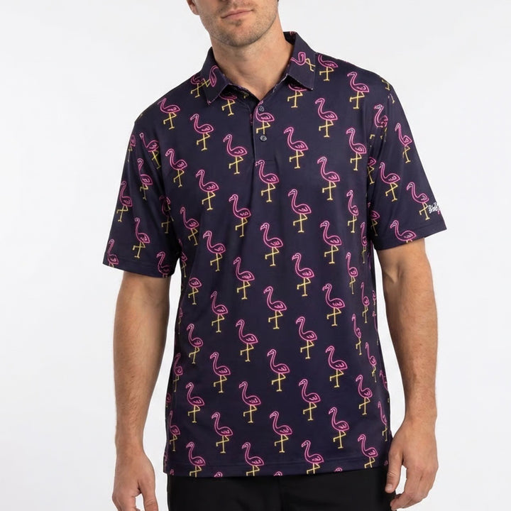 Golf Gods Polo Shirt Mens 3XL Blue Stretch Flamingo Print Short Sleeve Pullover
