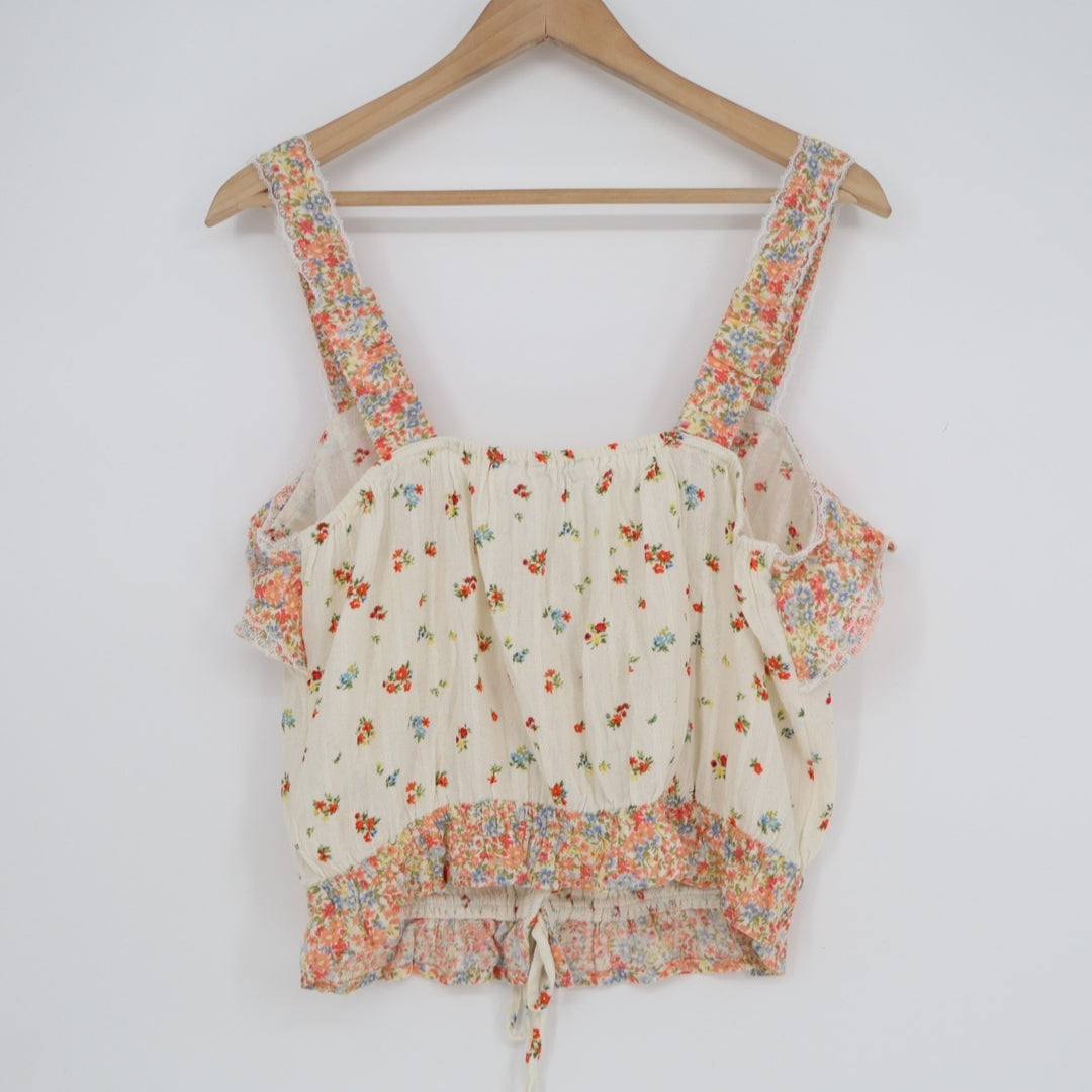 American Eagle Outfitters Crop Top Womens Medium White Floral Pleated Wide Strap