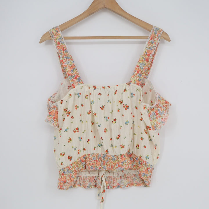 American Eagle Outfitters Crop Top Womens Medium White Floral Pleated Wide Strap