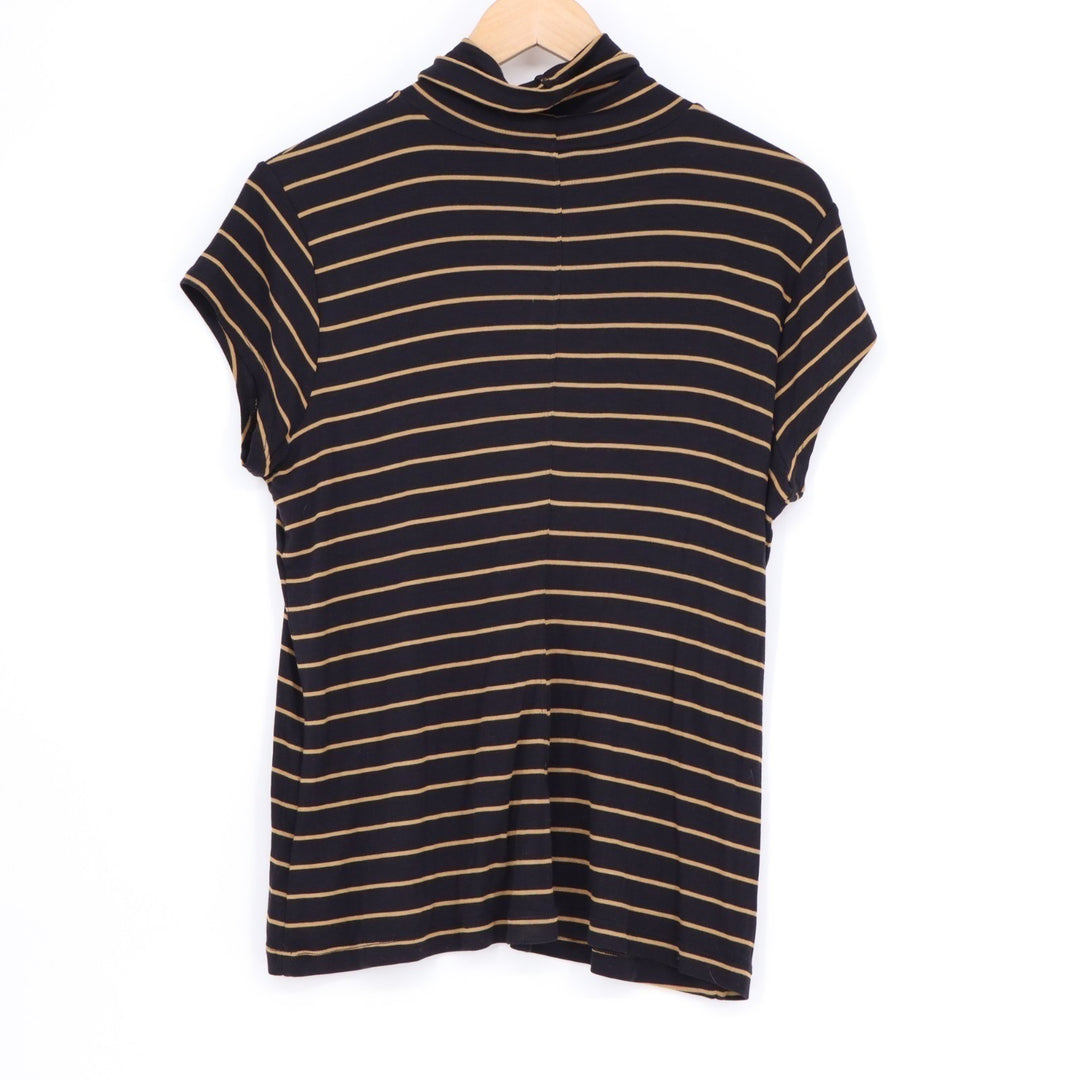 Cabi Slinky Top Women Medium Black Striped Rayon Stretch Short Sleeve Turtleneck