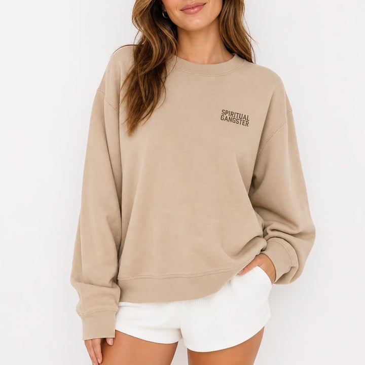 Spiritual Gangster Tan Cotton Fleece Crewneck Graphic Sweatshirt Size M