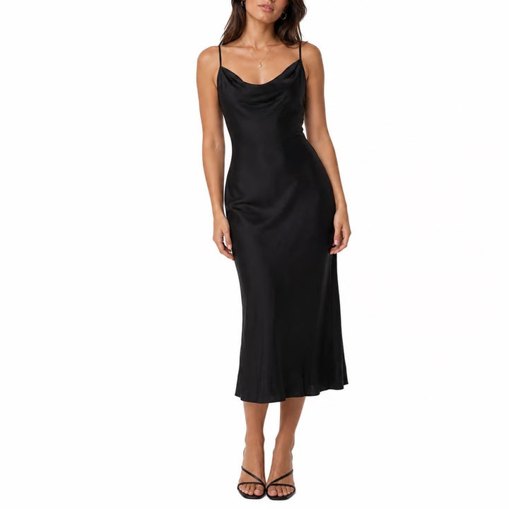 Bebe Black Cowl Neck Slip Midi Dress Satin Finish Size Medium
