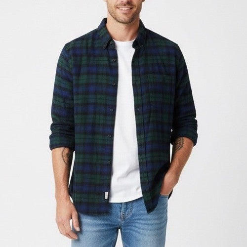 Croft & Barrow Plaid Flannel Button Down Shirt Long Sleeve Green Blue Men's M