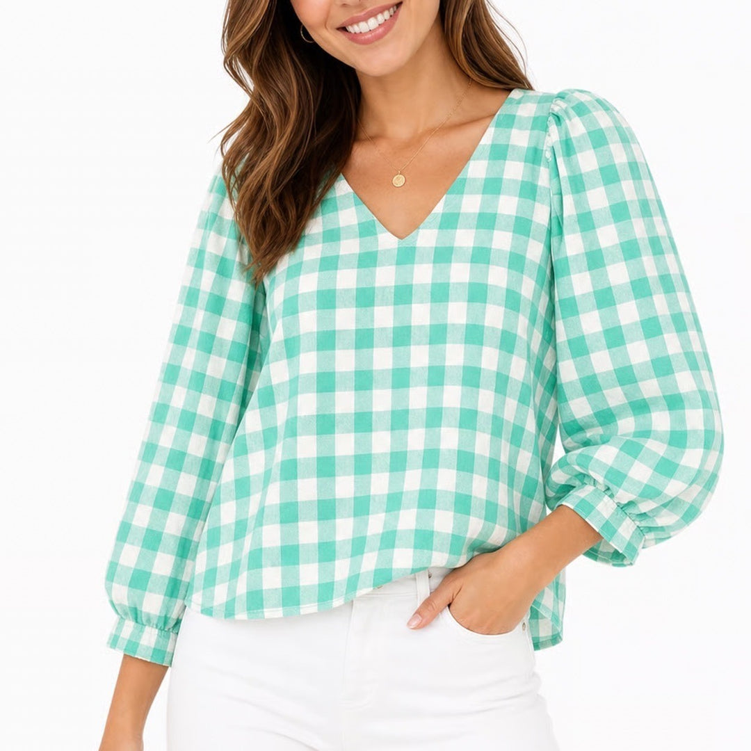 A New Day Green Gingham V-Neck Puff Sleeve Blouse Top S Mint White Check