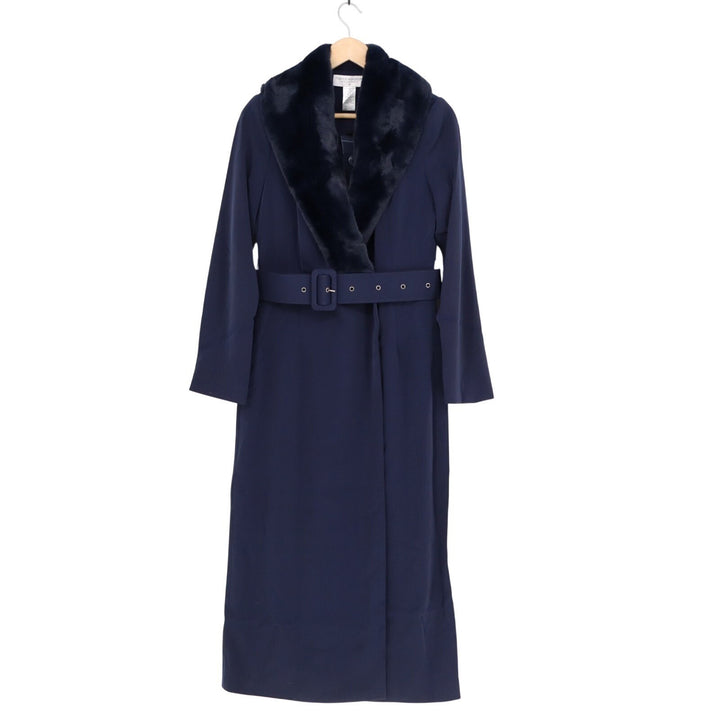Naked Wardrobe The Statement Trench Coat Womens XS Navy Stretch Fur Shawl Collar