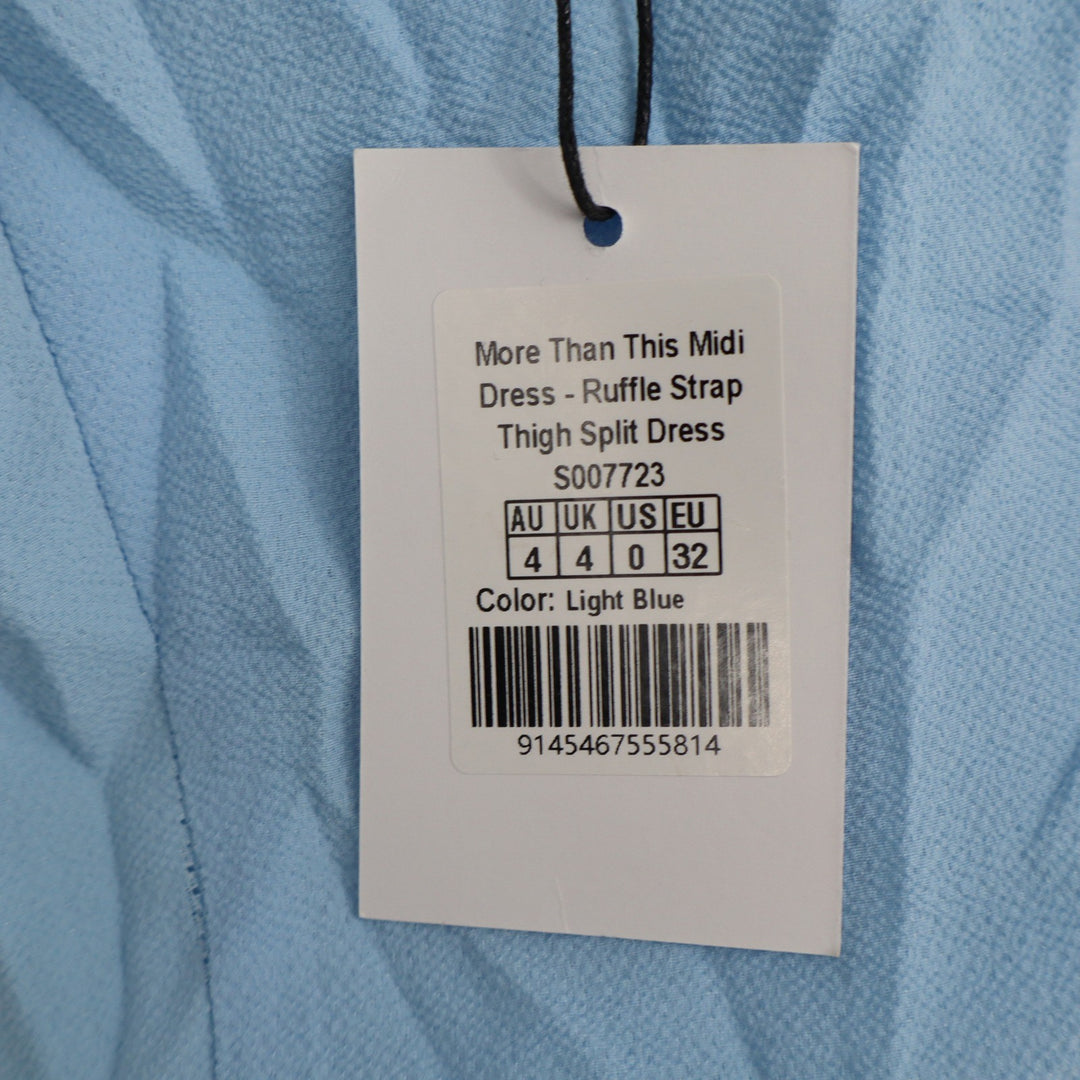 Showpo More Than This Midi Dress Light Blue Ruffle Strap Thigh Split US 0