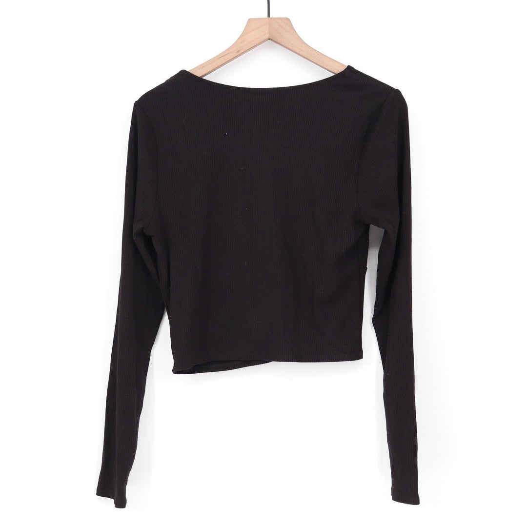 Mi Ami for Francesca's Black Ribbed Twist Front V-Neck Crop Top L