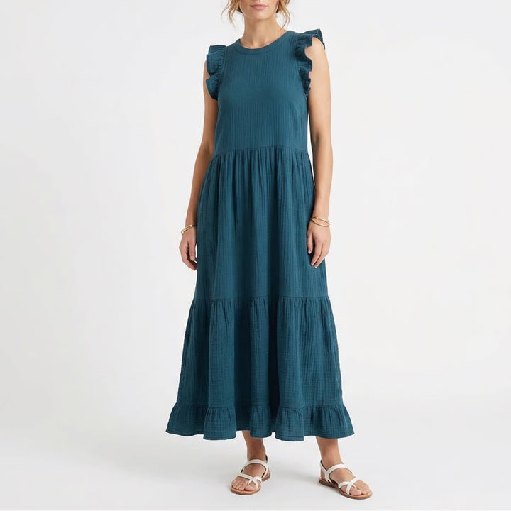 Universal Thread Teal Cotton Gauze Tiered Ruffle Maxi Dress Medium