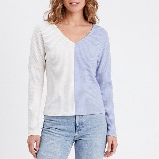 Shein Sweater Womens Large White Blue Knit Stretch Long Sleeve V-Neck Pullover