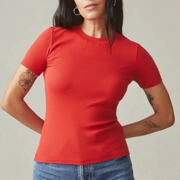 American Giant Women Red Luxe Ribbed Crew Neck Short Sleeve Tee Size M