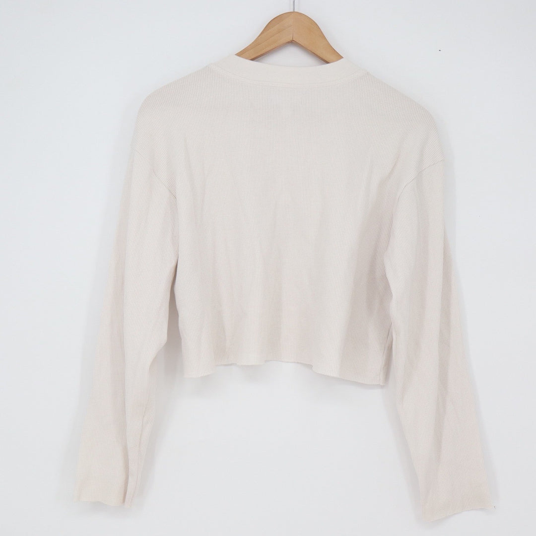 BP Top Womens S Henley Cropped Off White Waffle Knit Long Sleeve Excellent